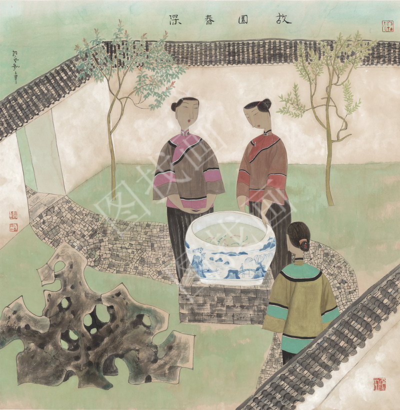 近现代 胡永凯 故园春深 70x70cm